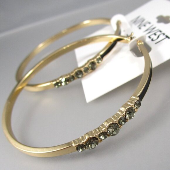 NINE WEST Mod/Contemporary Gold Gray Crystal 2.25" Hoop Earrings**NEW! - Picture 1 of 3